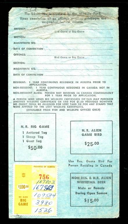 alberta aw41 1966  100 alien big game revenue stamp